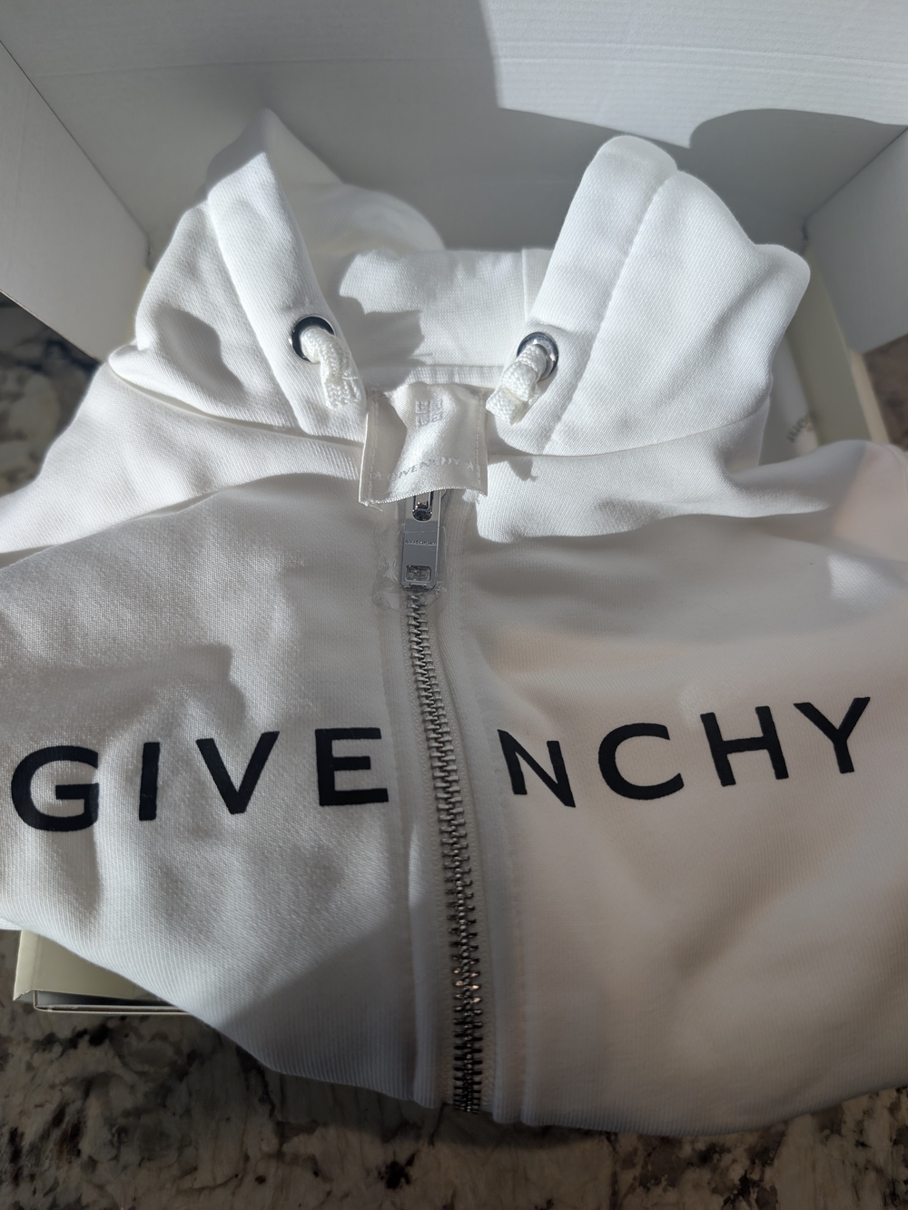 Givenchy White Kids Hooded Zip Jacket with Black Logo